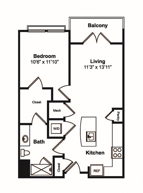 Floor plan for 1 bed, 1 bath, 714 sqft